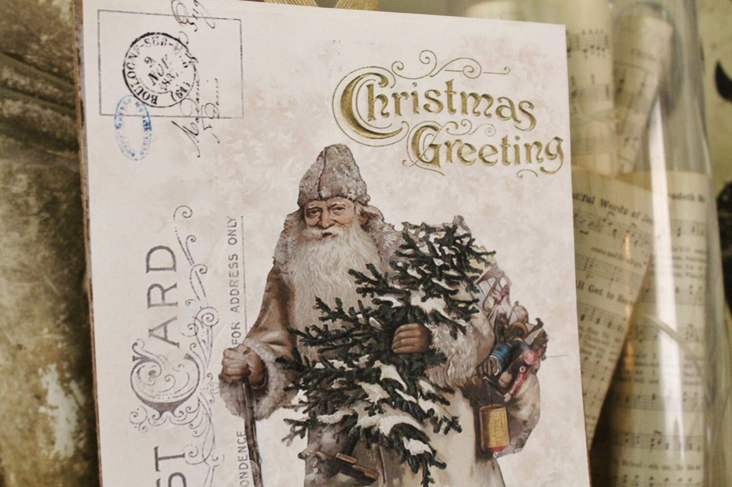 Vintage SANTA Christmas Wood Sign Farmhouse Christmas Decor Post Card Christmas Book Page Wall Art Print