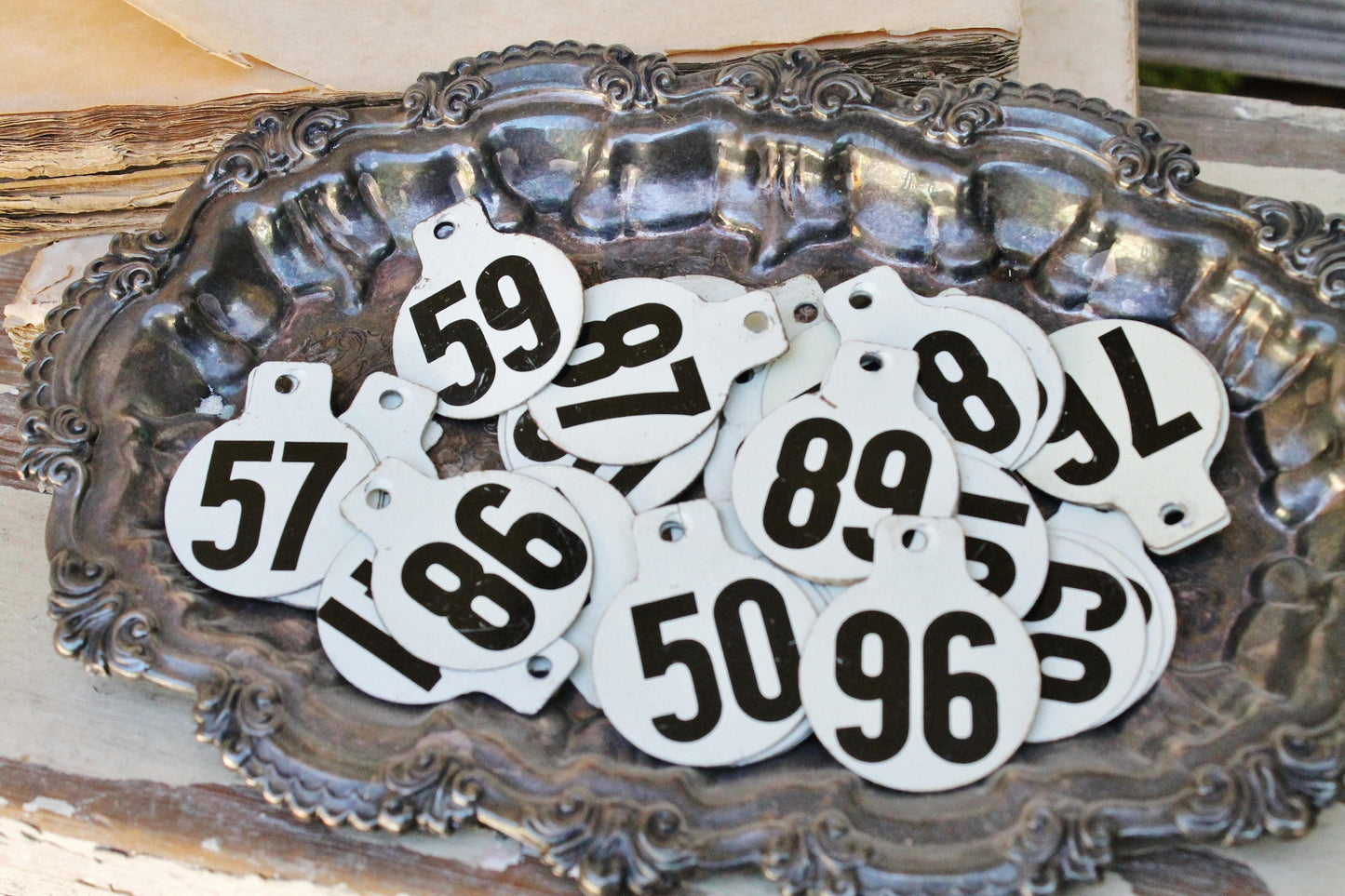 Vintage Metal Cow Tag Number WHITE Black Industrial Ranch Farm Livestock Animal Farmhouse Decor Fixer Upper Decor 151-200