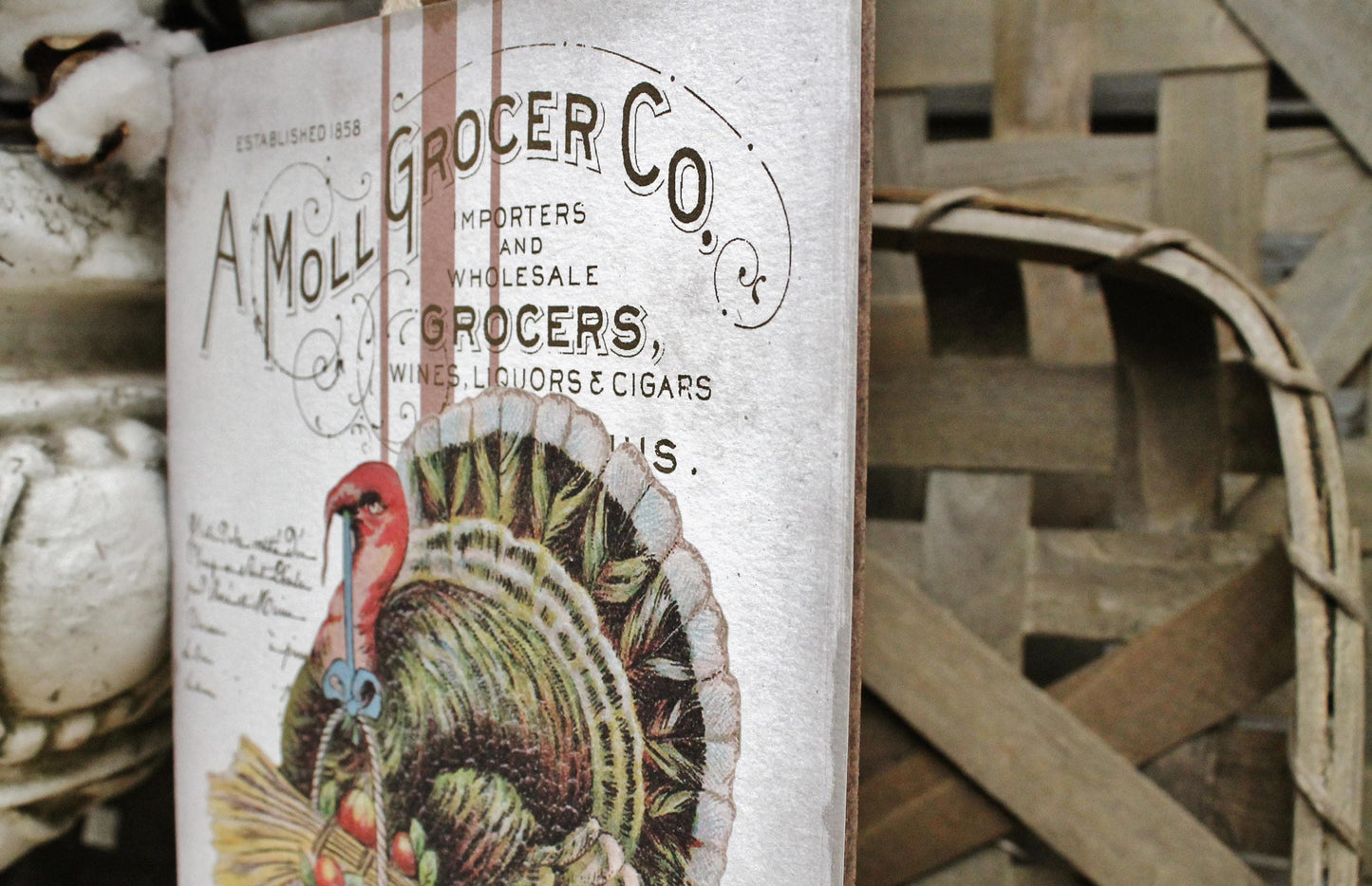 Vintage French THANKSGIVING TURKEY Wood Sign Farmhouse Decor Grainsack Book Page Wall Art Print Fall Decor