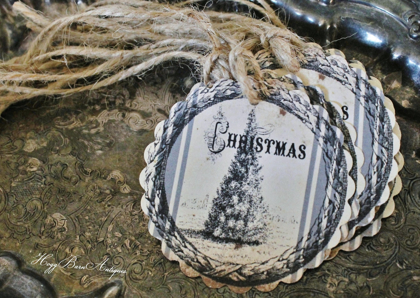 Christmas Gift Tags Vintage Pine TREE Farmhouse Christmas Grain Sack Card French Shabby Gift Wrap Scallop Circle Primitive Rustic Grungy