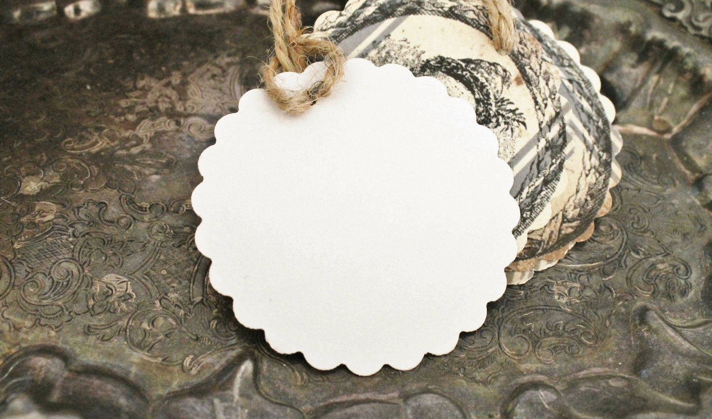 Christmas Gift Tags Vintage Pine TREE Farmhouse Christmas Grain Sack Card French Shabby Gift Wrap Scallop Circle Primitive Rustic Grungy