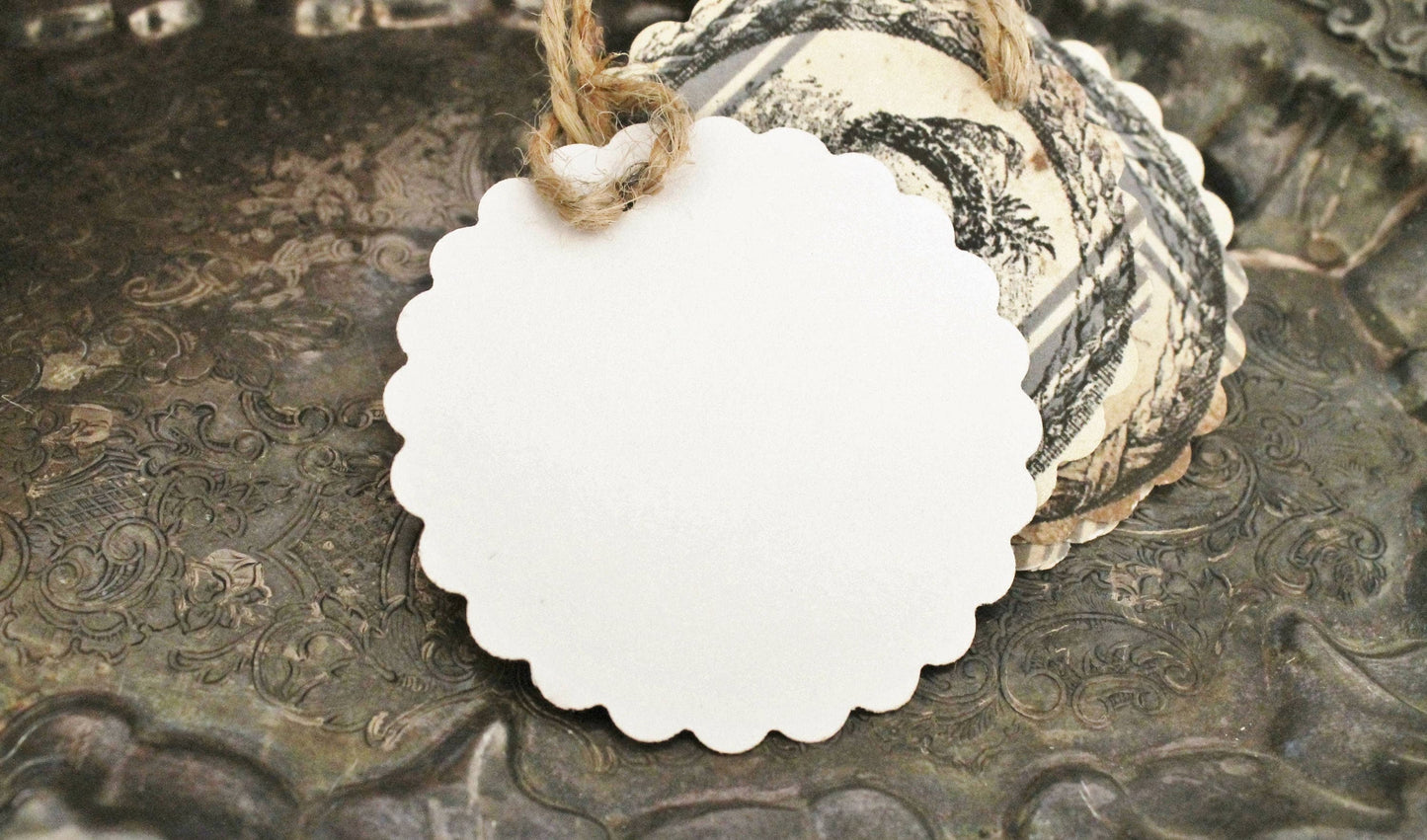 Christmas Gift Tags Vintage Pine TREE Farmhouse Christmas Grain Sack Card French Shabby Gift Wrap Scallop Circle Primitive Rustic Grungy