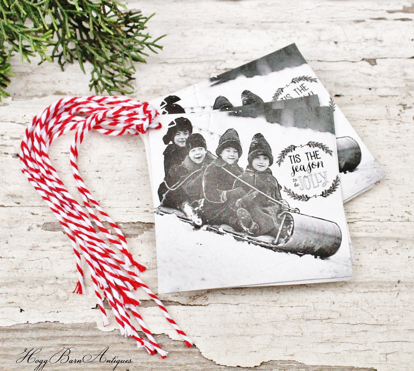 Christmas Gift Tags Vintage Tis The Season To Be Jolly Card Retro Kids Sledding Sled Snow Farmhouse Decor Gift Wrap Fixer Upper Style
