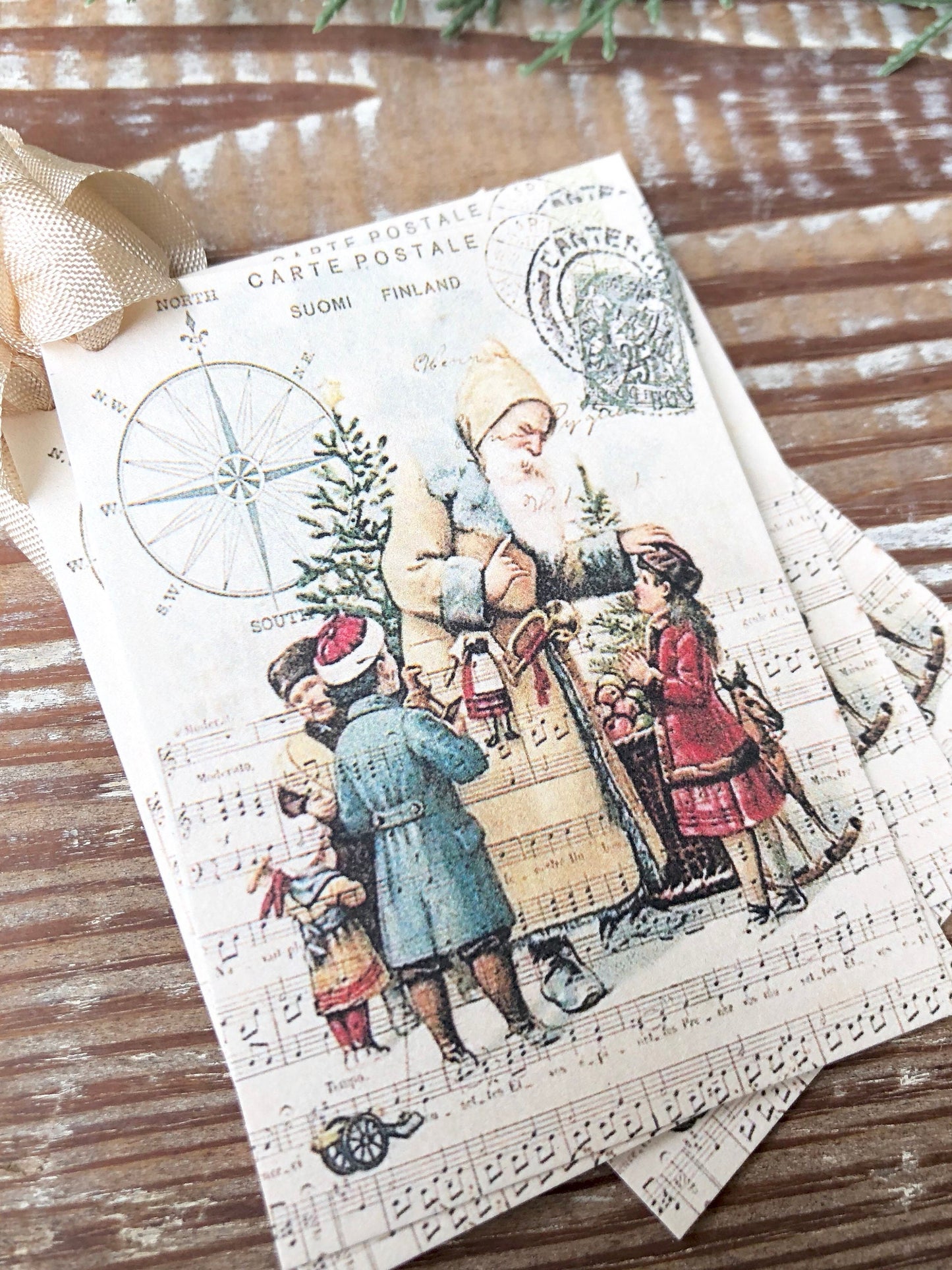 Christmas Vintage Gift Tags SANTA CLAUS St Nick with Children Compass Farmhouse Christmas Decor Card French Shabby Gift Wrap