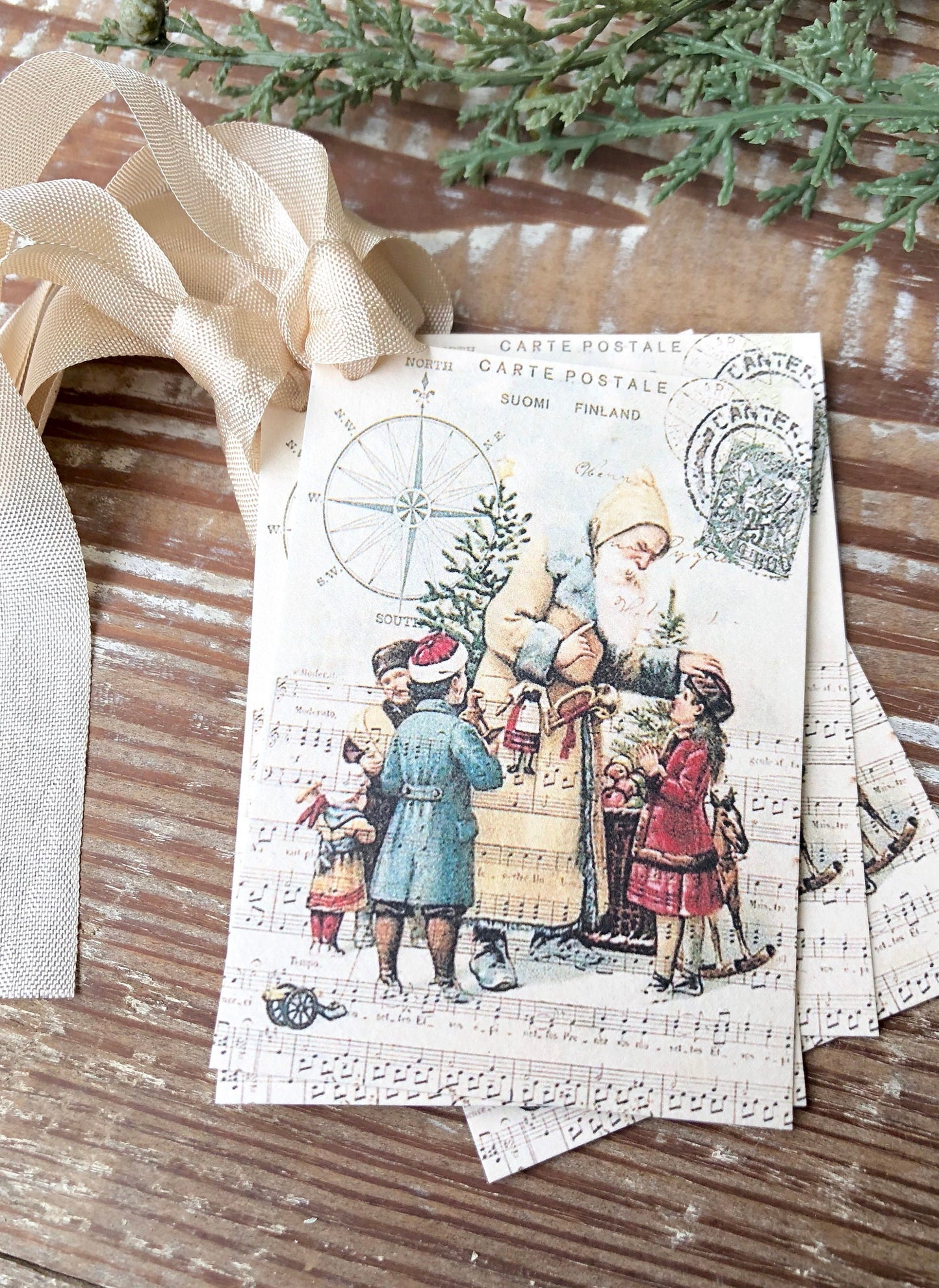 Christmas Vintage Gift Tags SANTA CLAUS St Nick with Children Compass Farmhouse Christmas Decor Card French Shabby Gift Wrap