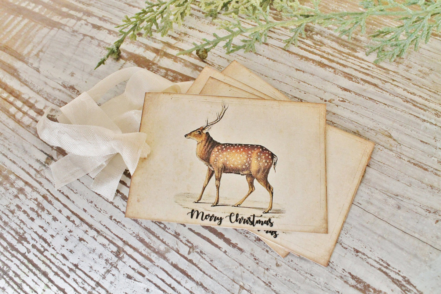 Christmas Gift Tags Vintage Deer Fawn MERRY CHRISTMAS Farmhouse Decor Card Gift Wrap Christmas Stag Buck Primitive Christmas