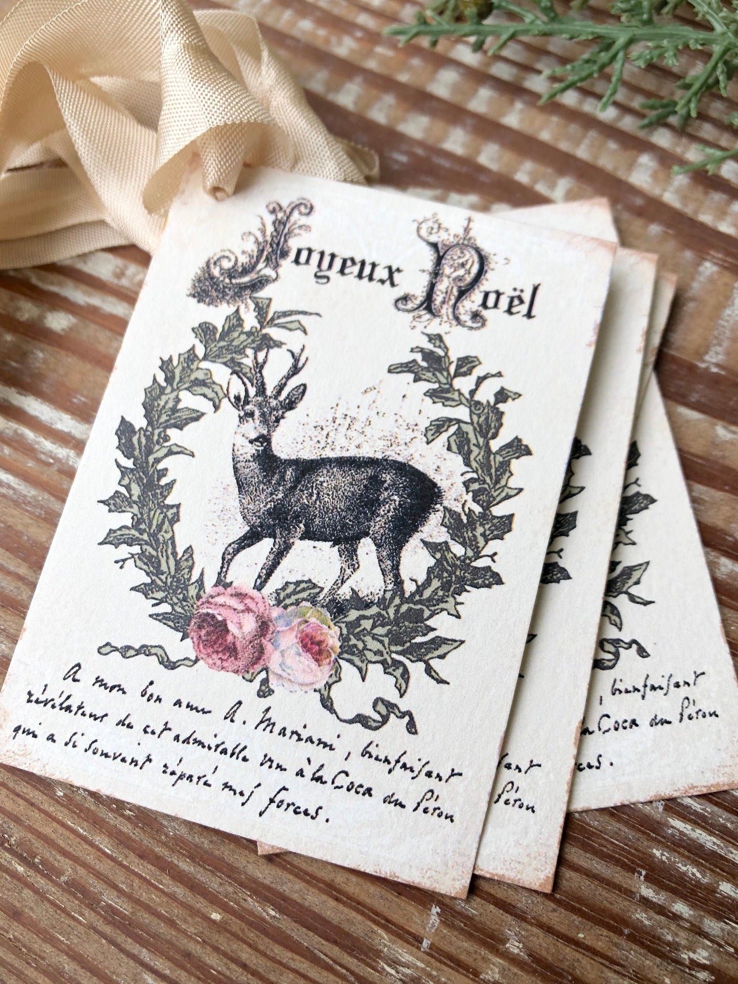 Christmas Gift Tags Vintage Deer JOYEUX NOEL Laurel Wreath Pink Roses Farmhouse Decor Card Gift Wrap Christmas Stag Buck