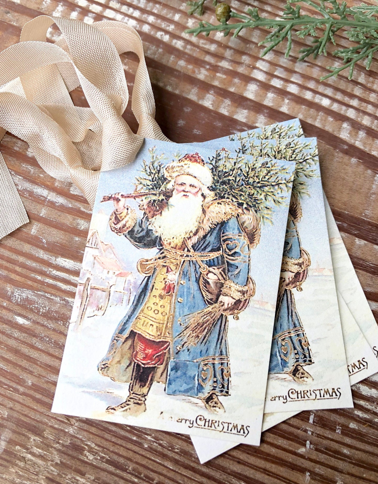 Christmas Vintage Gift Tags SANTA CLAUS St Nick with Tree Farmhouse Christmas Decor Card French Shabby Gift Wrap Primitive Christmas