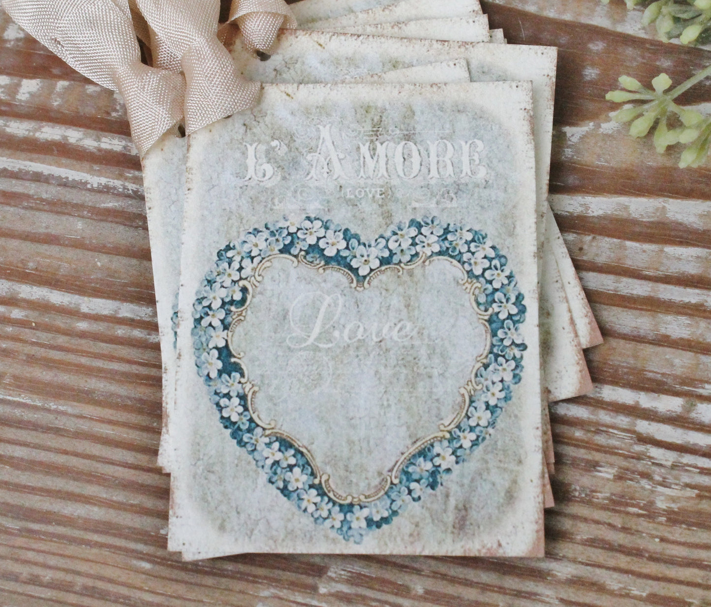 Valentine Vintage Gift Tags LOVE Heart L'Amore French BLUE Roses Farmhouse Decor Card Shabby