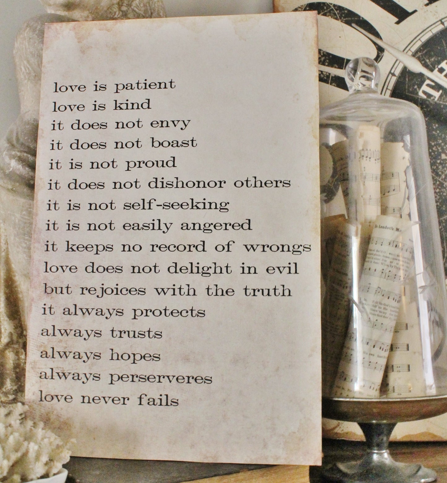LOVE NEVER FAILS Sign Wood Vintage Farmhouse Decor Large Poster Mounted Book Page Bible Verse Scripture Love is Patient Wedding Valentine