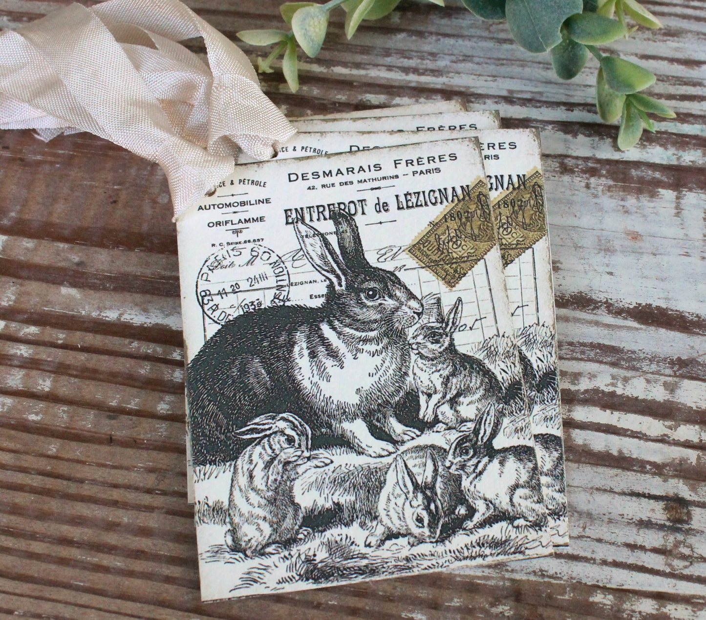 EASTER Vintage Gift Tags Post Card Rabbit Bunny French Farmhouse Decor Card Shabby SET OF 8