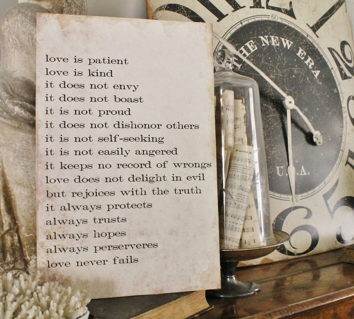 LOVE NEVER FAILS Sign Wood Vintage Farmhouse Decor Large Poster Mounted Book Page Bible Verse Scripture Love is Patient Wedding Valentine