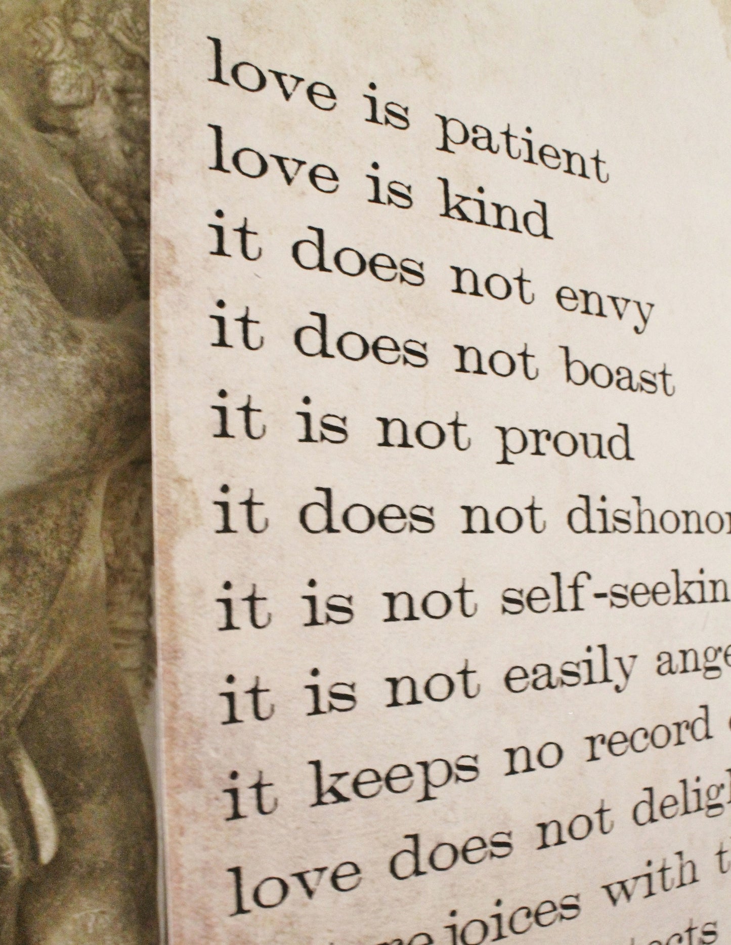 LOVE NEVER FAILS Sign Wood Vintage Farmhouse Decor Large Poster Mounted Book Page Bible Verse Scripture Love is Patient Wedding Valentine