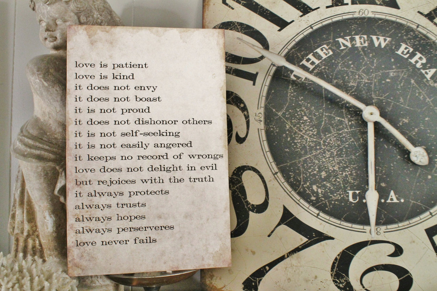 LOVE NEVER FAILS Sign Wood Vintage Farmhouse Decor Large Poster Mounted Book Page Bible Verse Scripture Love is Patient Wedding Valentine