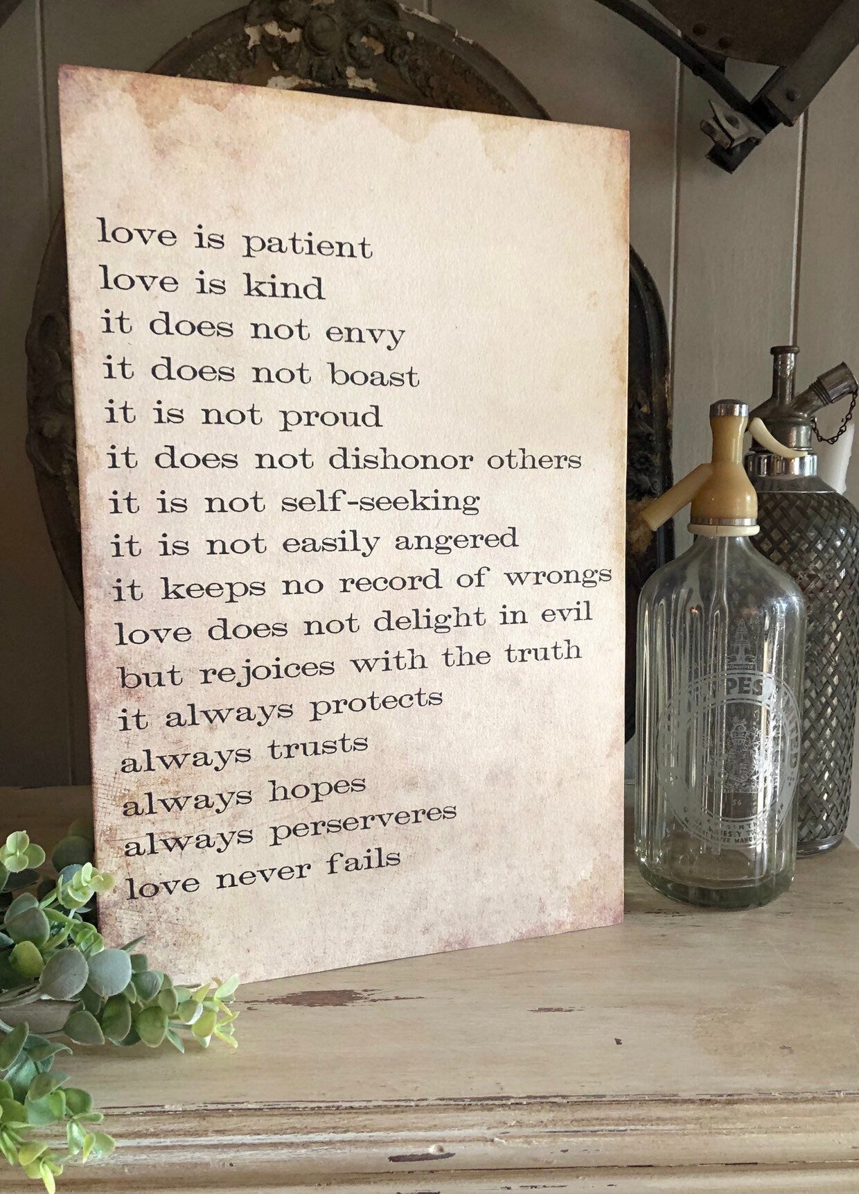 LOVE NEVER FAILS Sign Wood Vintage Farmhouse Decor Large Poster Mounted Book Page Bible Verse Scripture Love is Patient Wedding Valentine