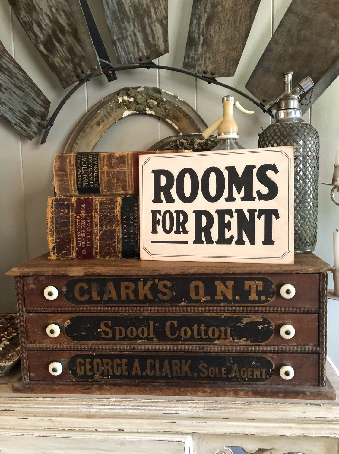 ROOMS FOR RENT Wood Sign Vintage Antique Farmhouse Decor Wall Art Print Fixer Upper Flea Market Decor Black Aged Cream Sign
