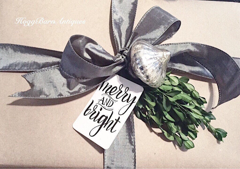 MERRY and BRIGHT Christmas Gift Tags Calligraphy Black White Hand Lettered Farmhouse Christmas Decor Card French Shabby Gift