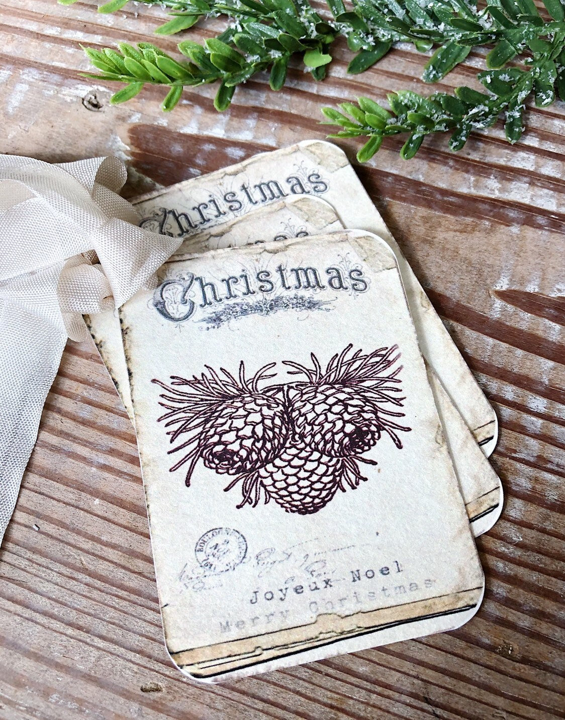 Christmas Vintage Gift Tags JOYEUX NOEL PINECONES Farmhouse Christmas Decor Card French Shabby Gift Wrap