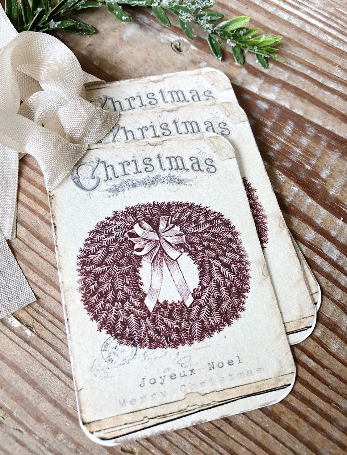 Christmas Vintage Gift Tags JOYEUX NOEL WREATH Farmhouse Christmas Decor Card French Shabby Gift Wrap