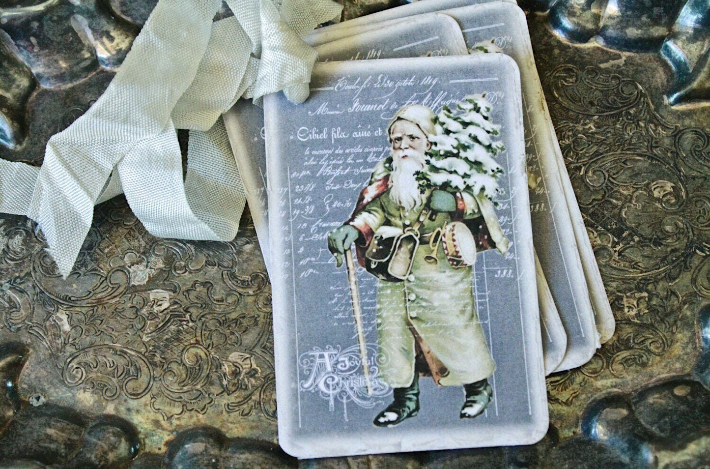 Christmas Vintage Gift Tags SANTA Chalk Tree Farmhouse Decor Card French Shabby Gift Wrap