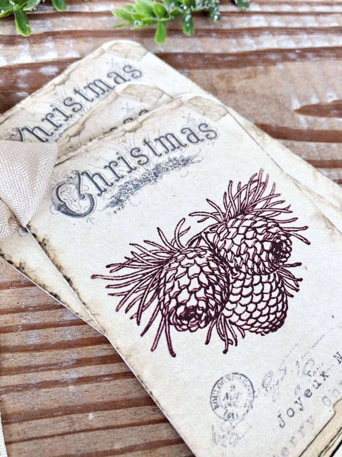 Christmas Vintage Gift Tags JOYEUX NOEL PINECONES Farmhouse Christmas Decor Card French Shabby Gift Wrap