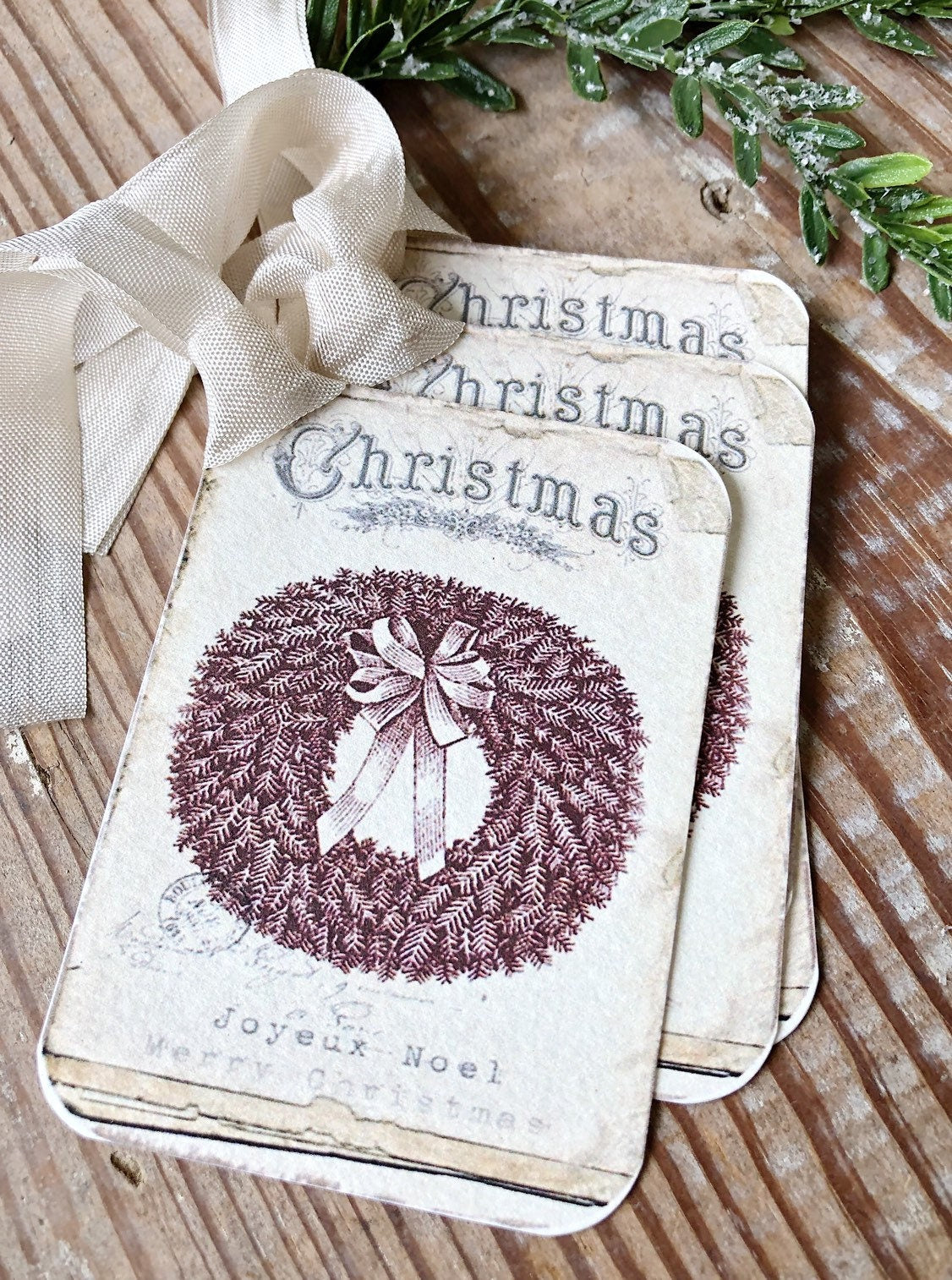 Christmas Vintage Gift Tags JOYEUX NOEL WREATH Farmhouse Christmas Decor Card French Shabby Gift Wrap