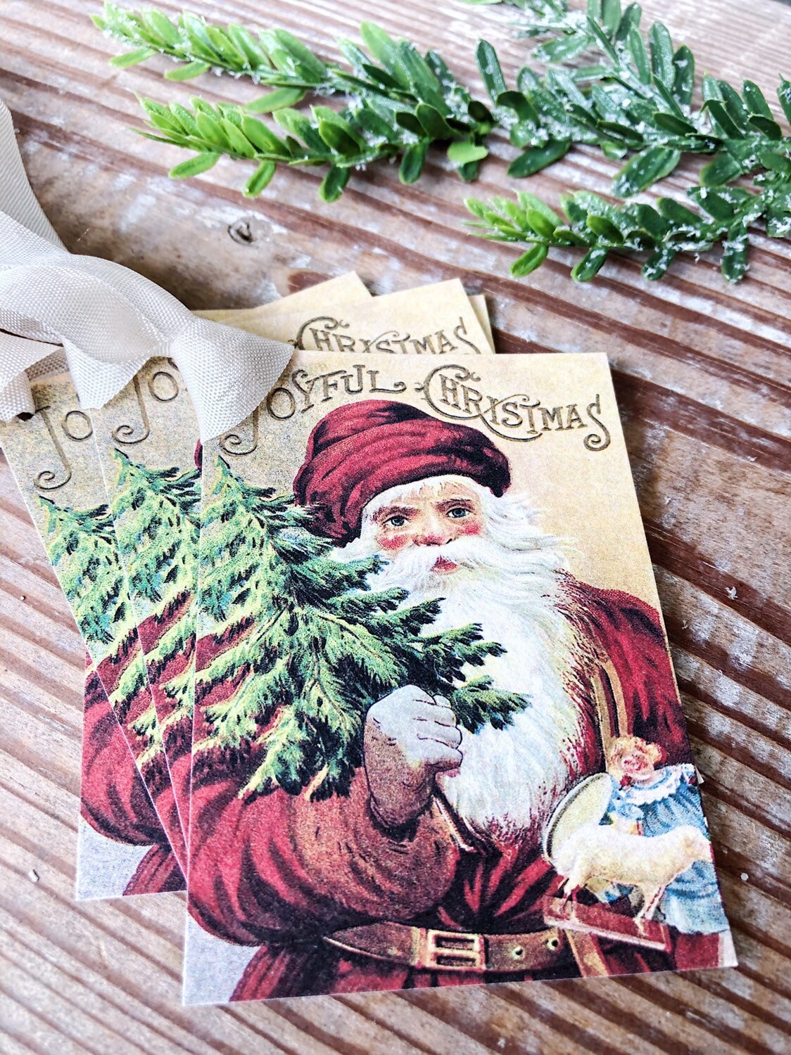 Christmas Gift Tags Vintage SANTA CLAUS Joyful Christmas Card Farmhouse Christmas Decor French Shabby Chic Gift Wrap Primitive