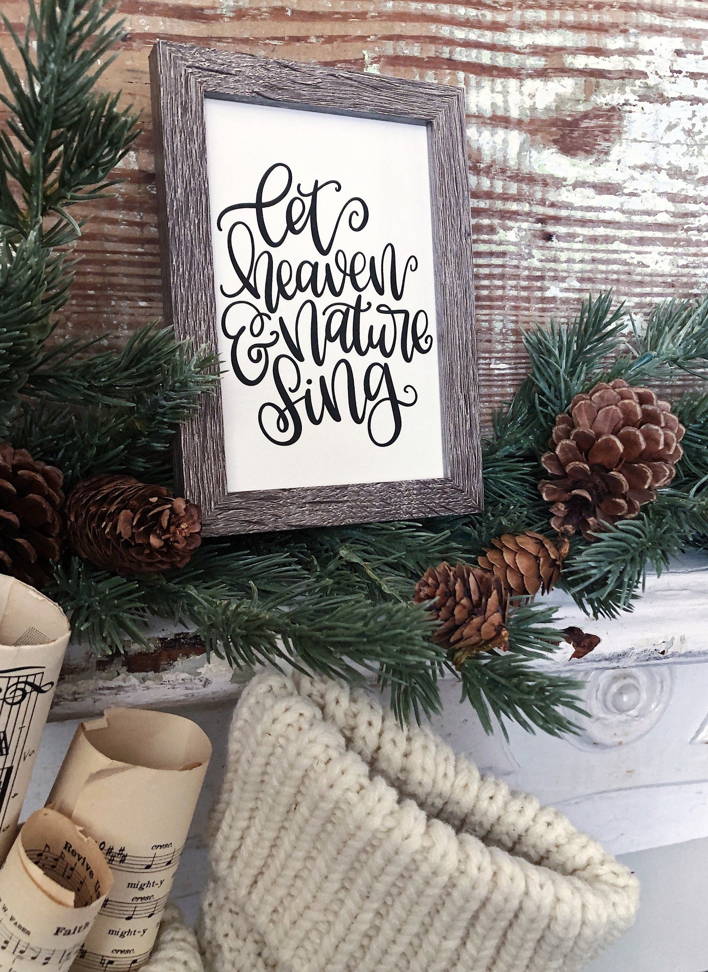 Vintage Christmas Frame Let Heaven And Nature Sing Framed Sign Farmhouse Christmas Decor Barn Wood Rustic Christmas Sign