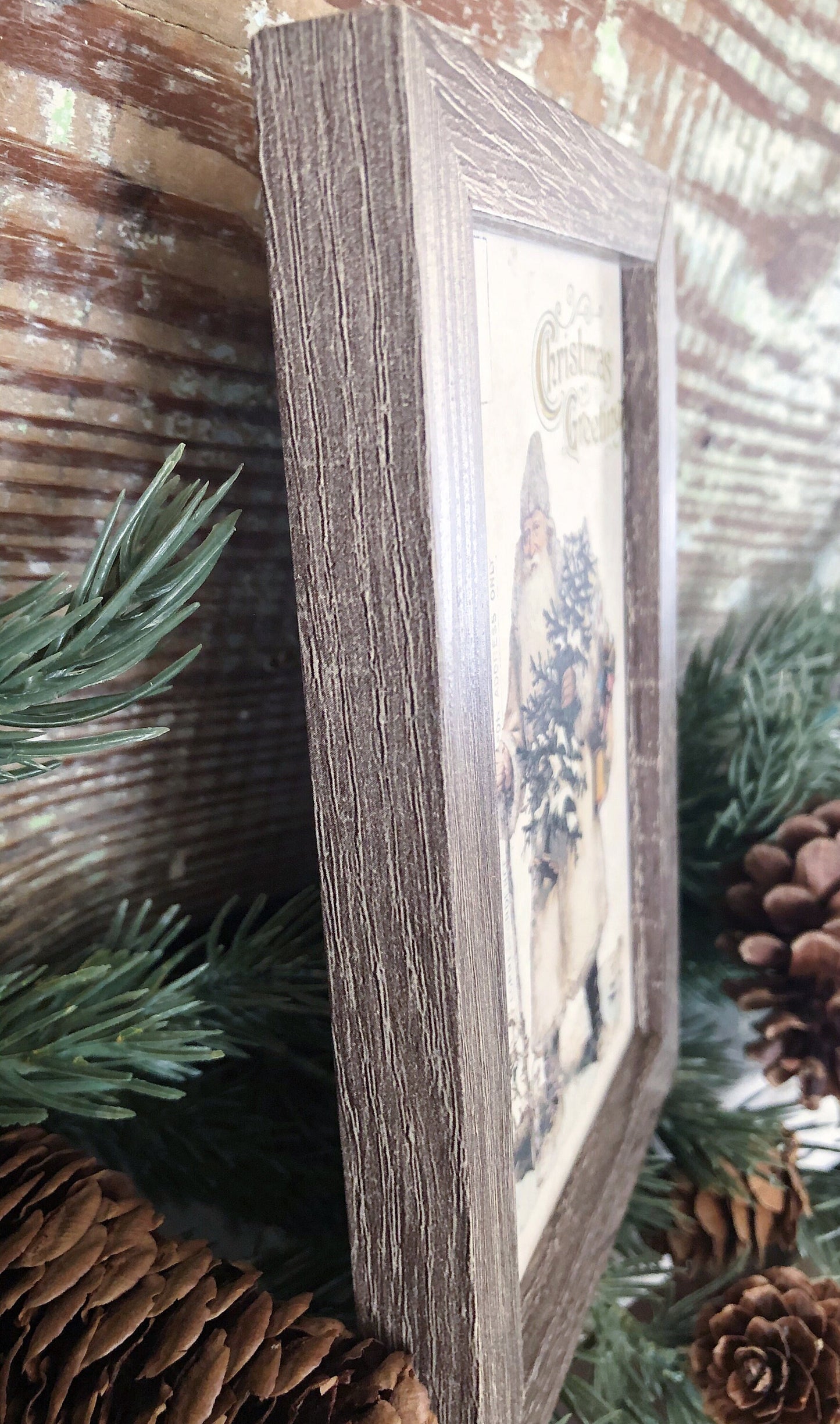 Vintage Christmas Frame SANTA Post Card Framed Sign Farmhouse Christmas Decor Barn Wood Rustic Christmas Sign