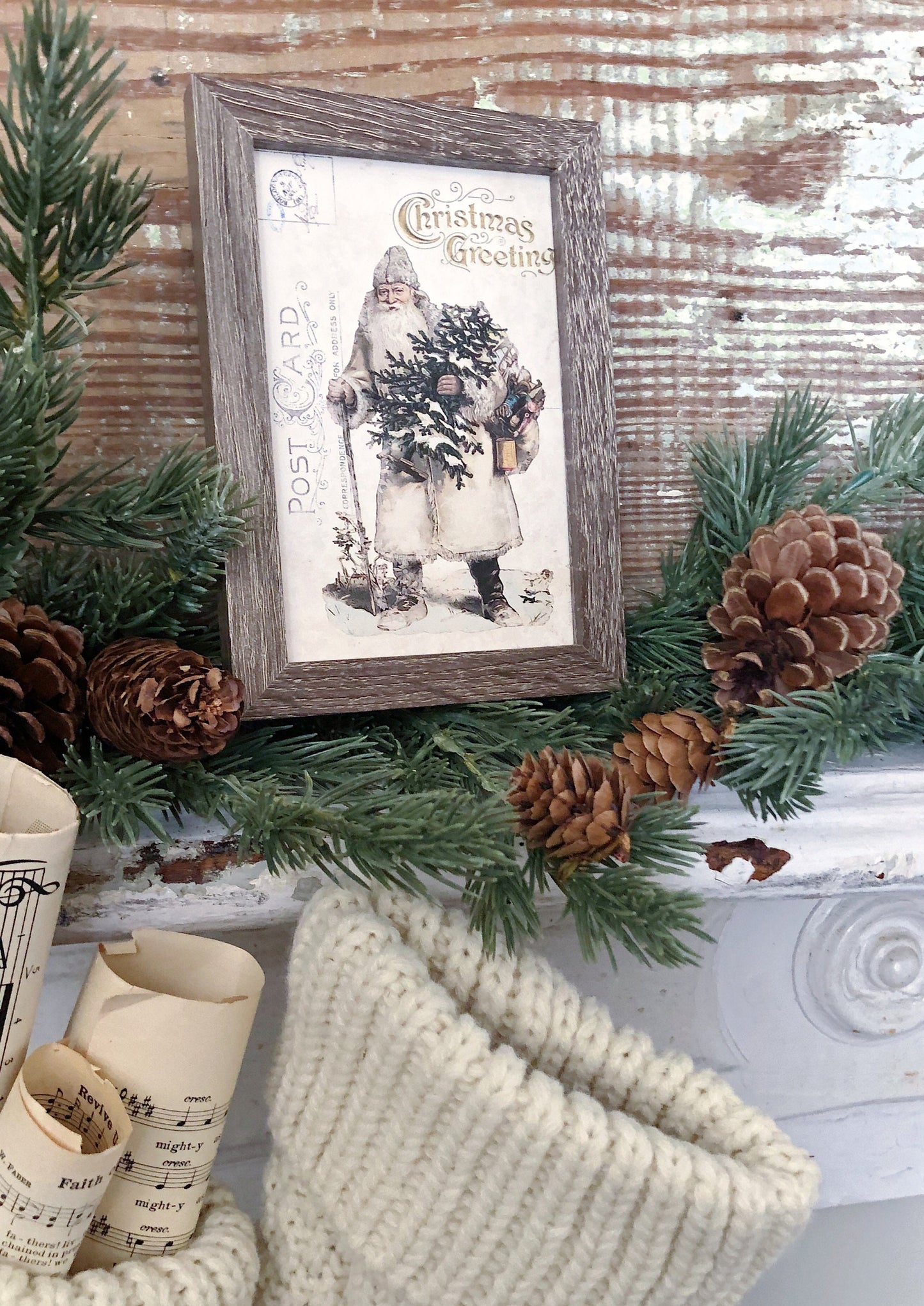 Vintage Christmas Frame SANTA Post Card Framed Sign Farmhouse Christmas Decor Barn Wood Rustic Christmas Sign