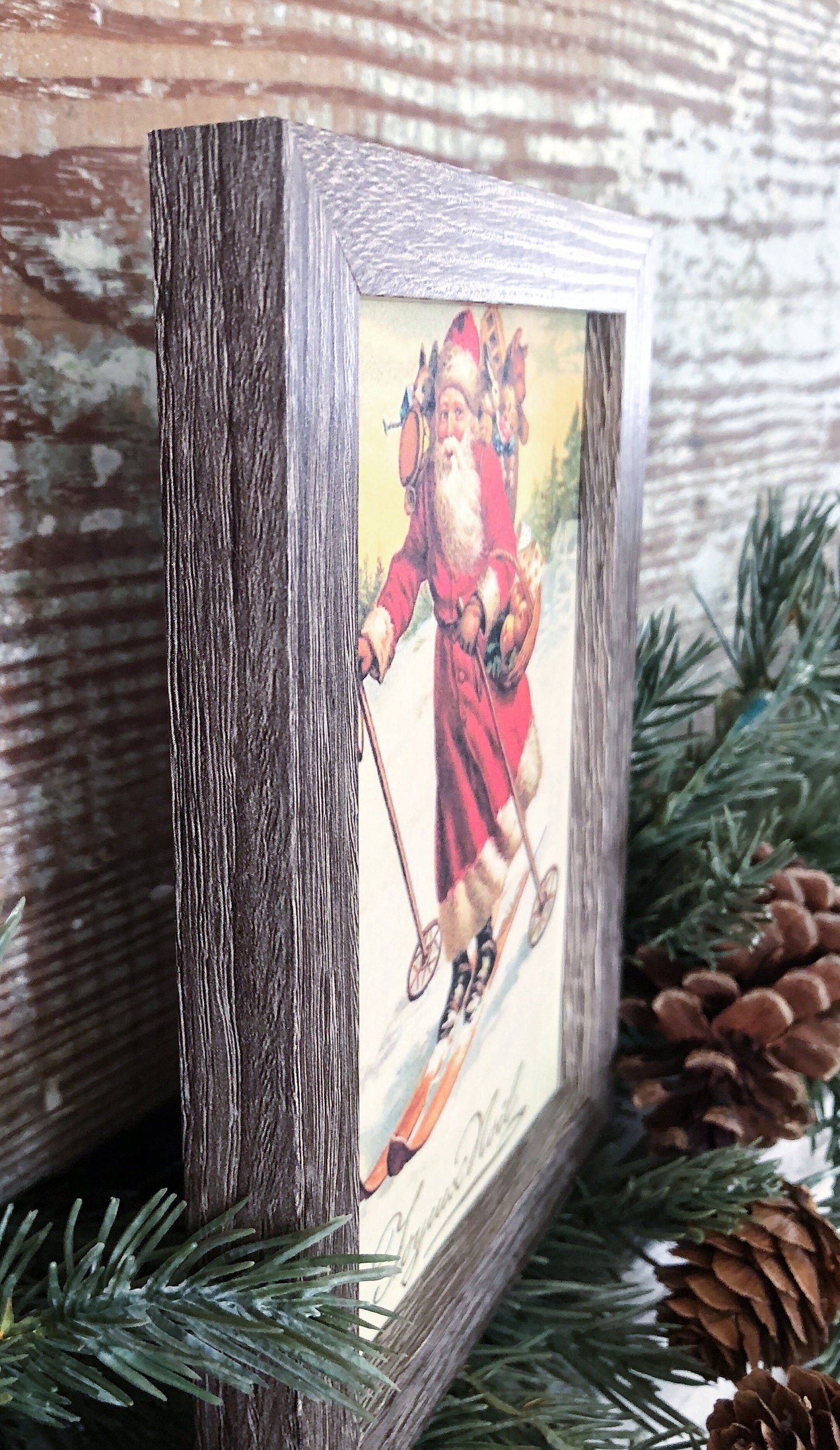 Vintage Christmas Frame Santa JOYEUX NOEL Framed Sign Farmhouse Christmas Decor Barn Wood Rustic Christmas Sign