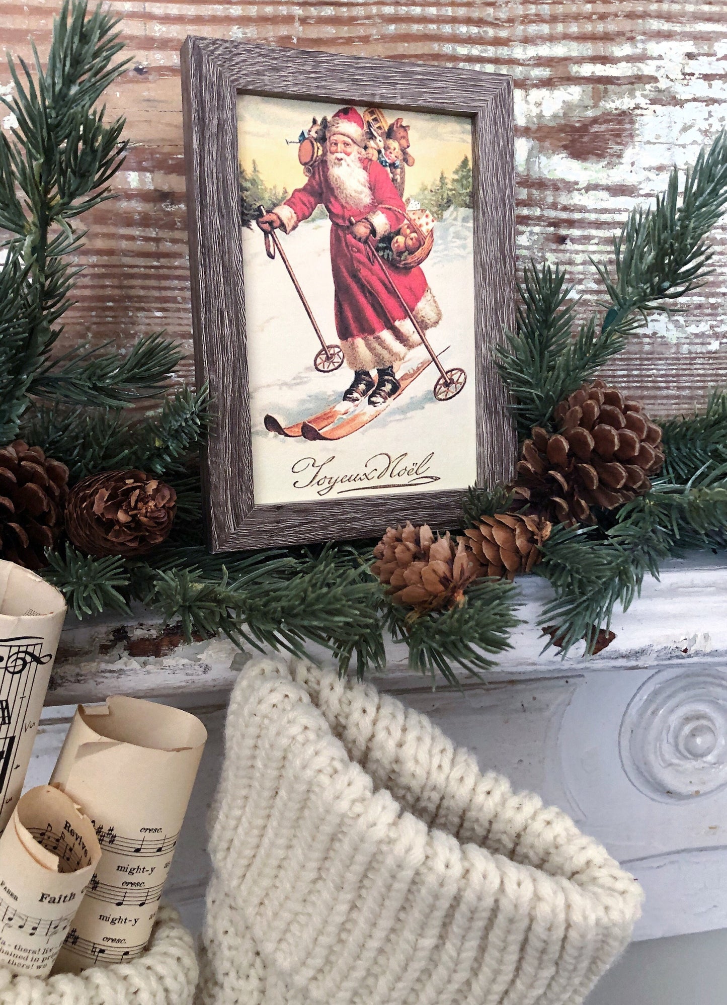 Vintage Christmas Frame Santa JOYEUX NOEL Framed Sign Farmhouse Christmas Decor Barn Wood Rustic Christmas Sign