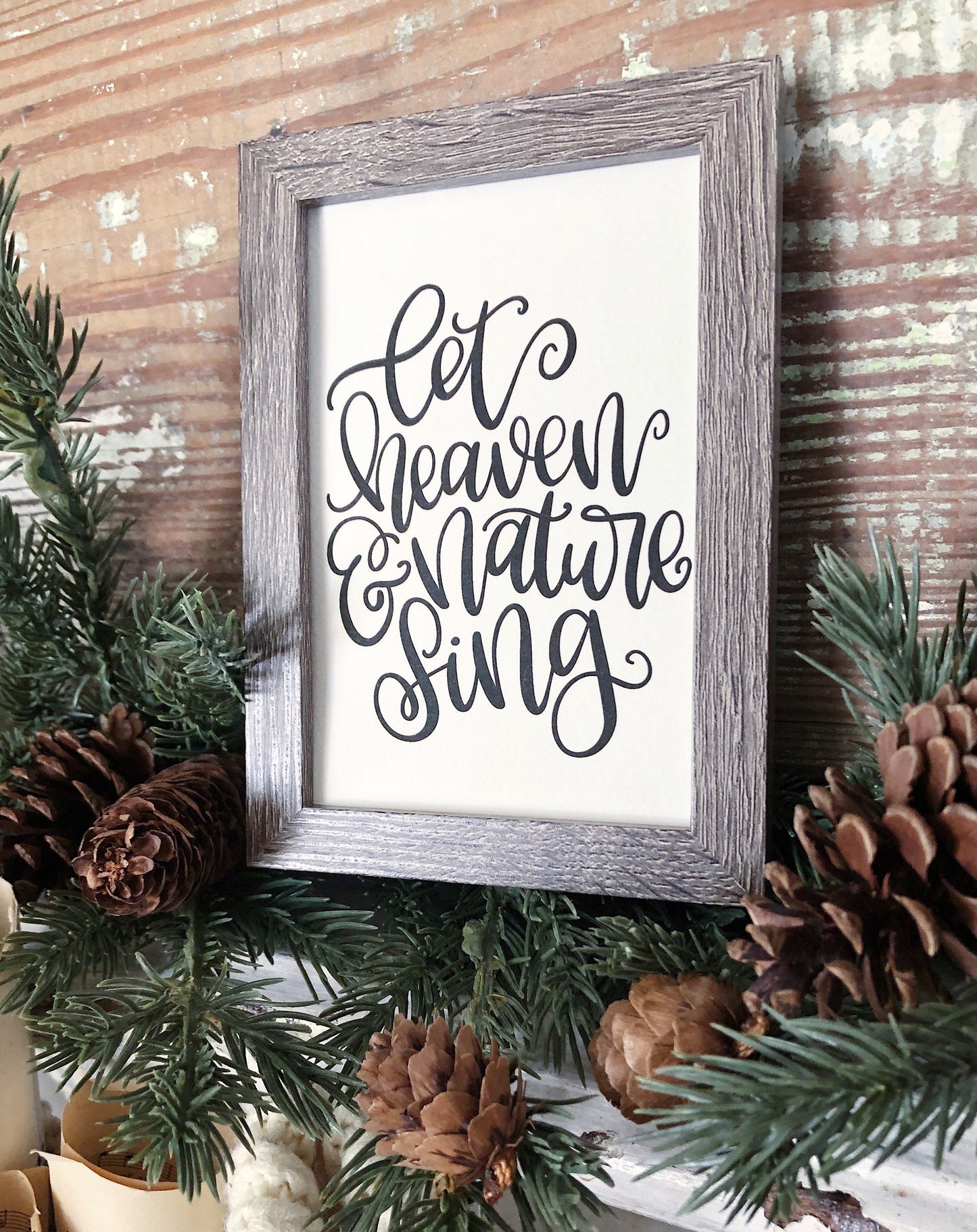 Vintage Christmas Frame Let Heaven And Nature Sing Framed Sign Farmhouse Christmas Decor Barn Wood Rustic Christmas Sign