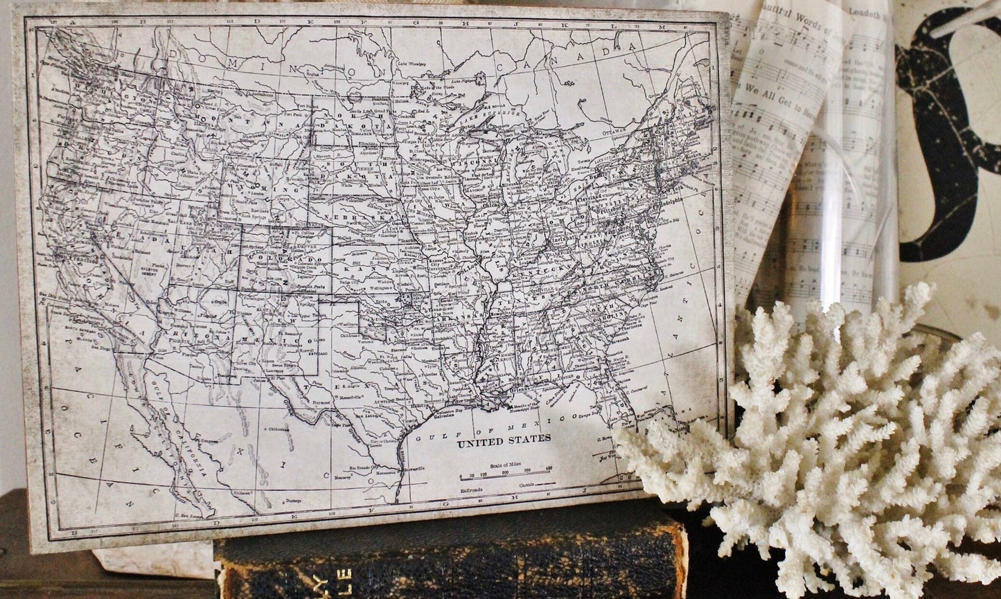 Vintage UNITED STATES MAP Poster Wood Sign Mounted Print Farmhouse Book School Page Wall Art Print Primitive Homeschool Patriotic Americana