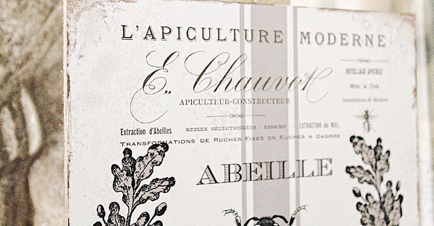 Vintage FRENCH BEE Wood Sign Mounted Print Farmhouse Decor Sign Page Wall Art Queen Abeille