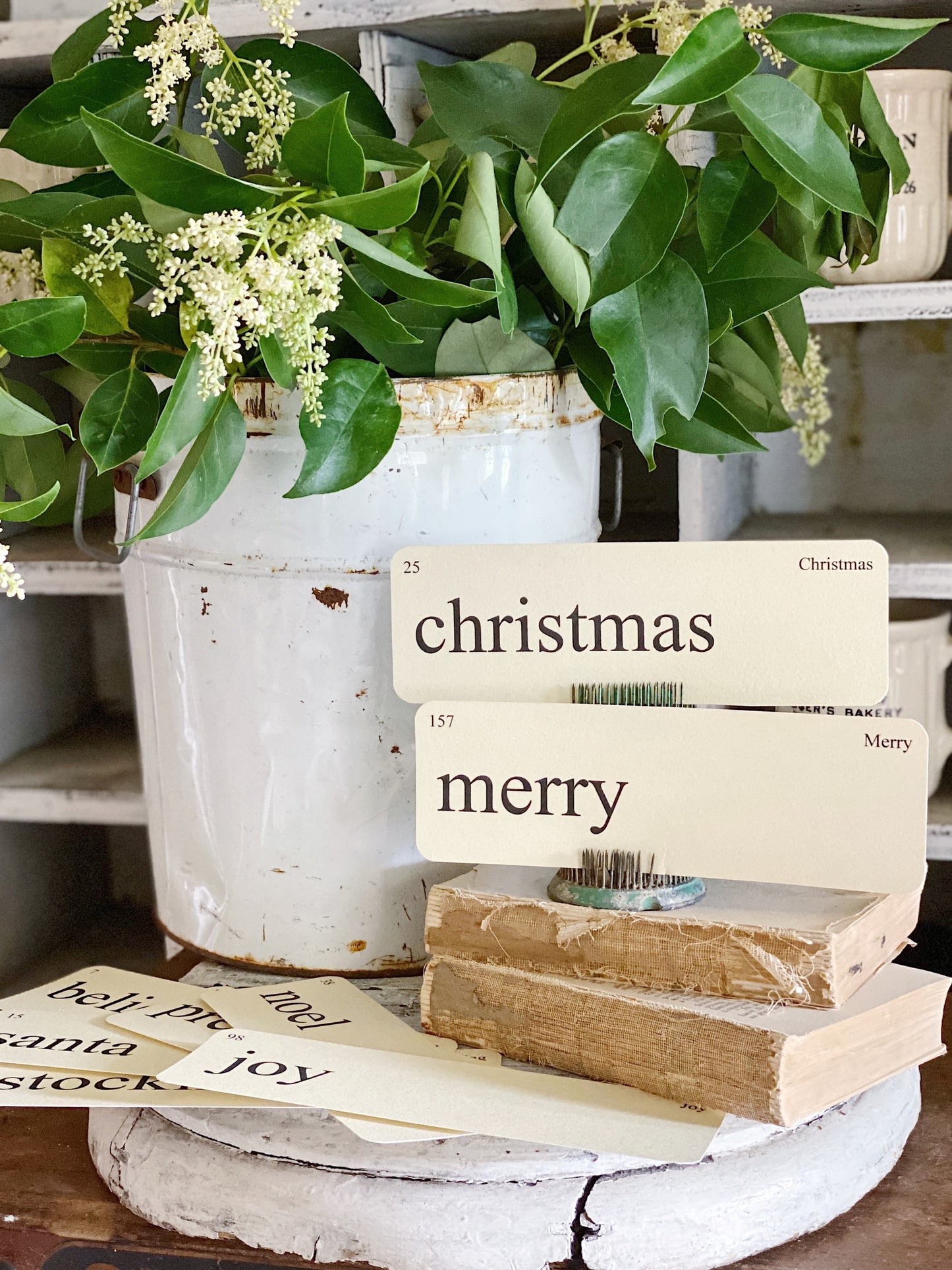 CHRISTMAS Flash Cards LARGE Vintage Inspired Word Flashcard SET Of 8 Farmhouse Decor Holiday Joy Noel Merry Believe Primitive 1st Edition