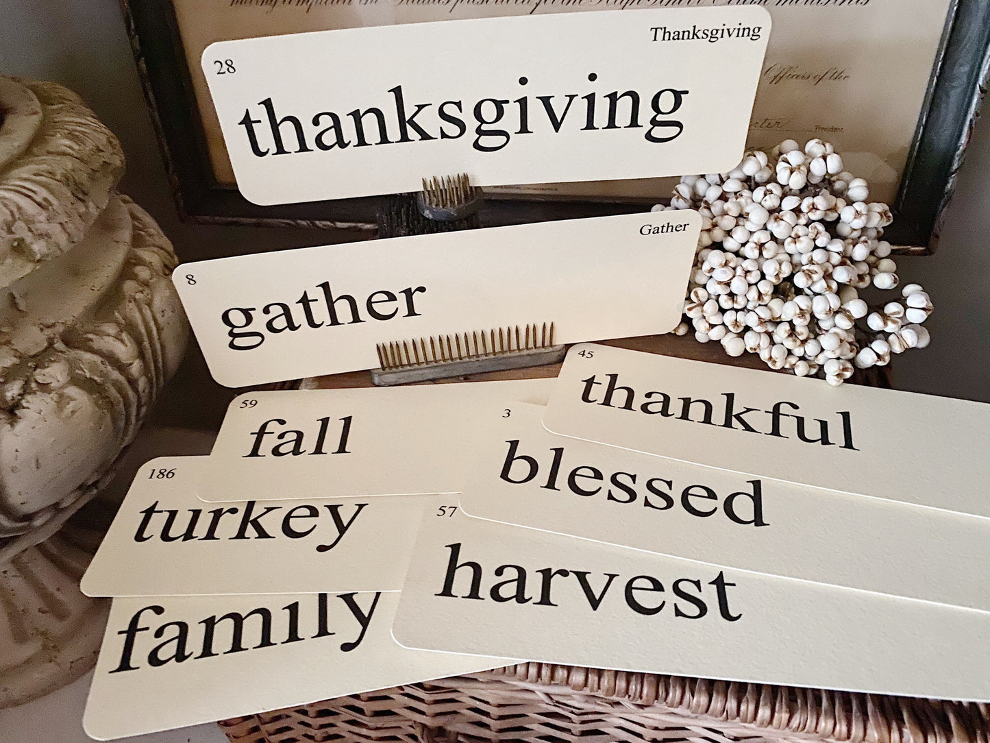 THANKSGIVING Flash Cards LARGE Vintage Inspired Word Flashcard SET Of 8 Farmhouse Decor Thankful Gather Harvest Fall Blessed