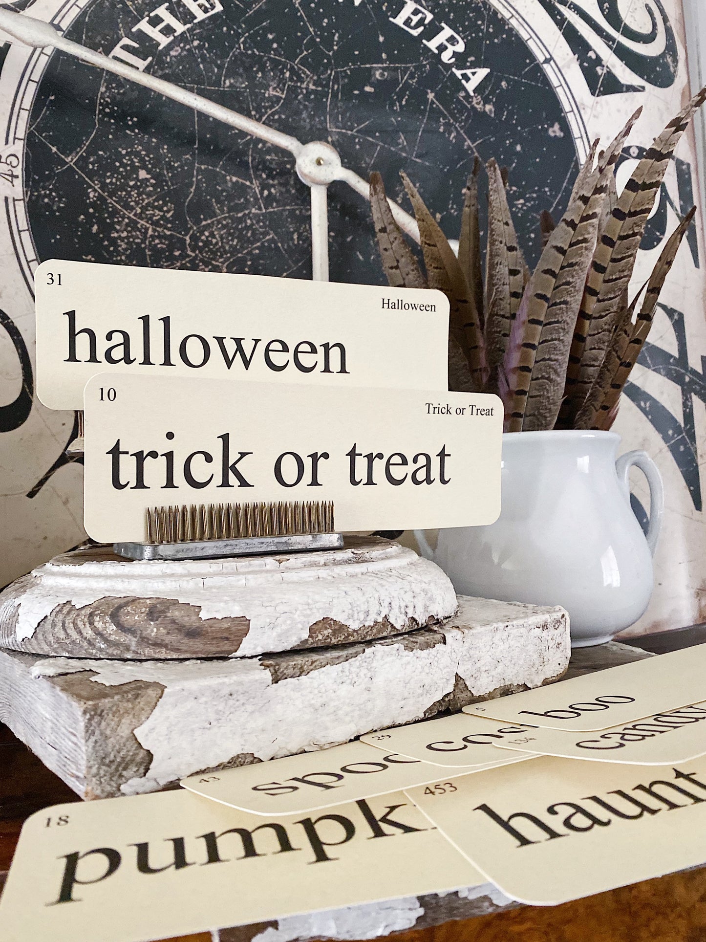 HALLOWEEN Flash Cards LARGE Vintage Inspired Word Flashcard SET Of 8 Farmhouse Decor Boo Spooky Candy Costume Trick or Treat Fall