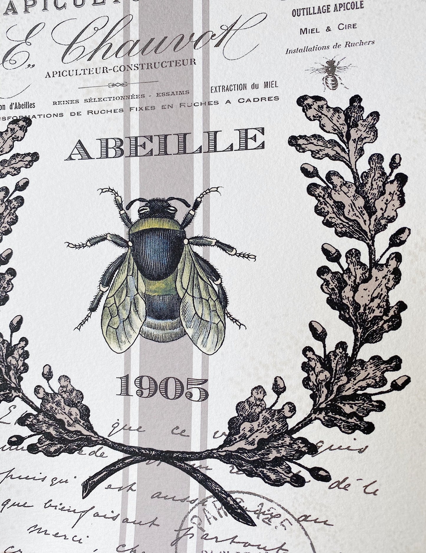 Vintage FRENCH BEE Wood Sign Mounted Print Farmhouse Decor Sign Page Wall Art Queen Abeille