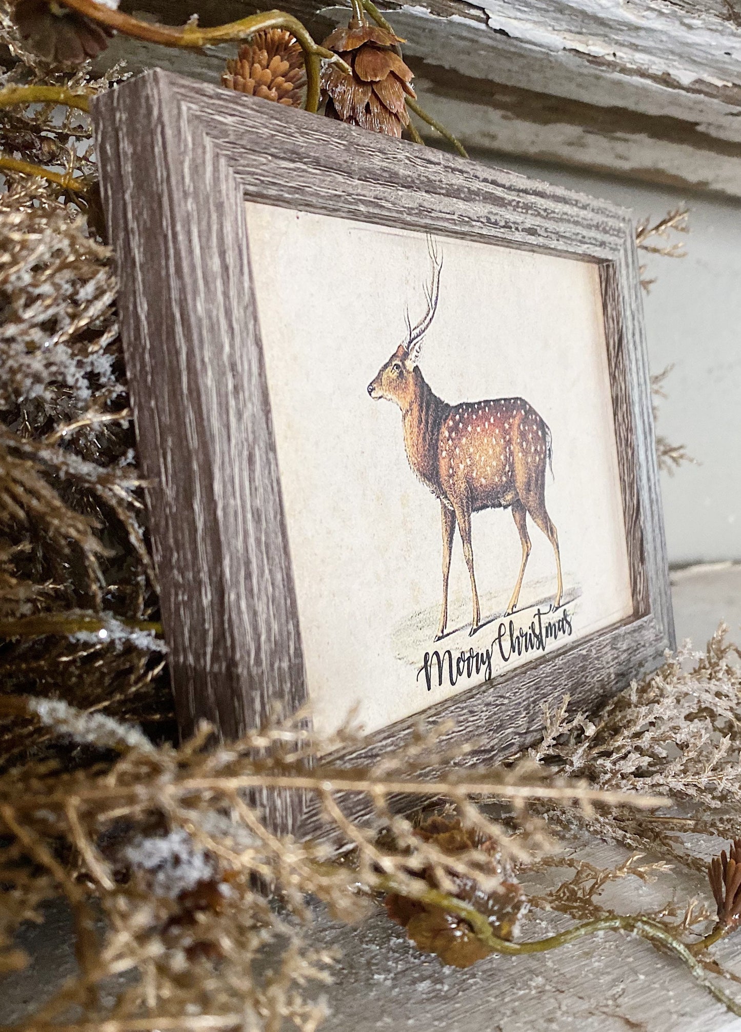 Vintage Christmas Sign DEER Frame Farmhouse Merry Christmas Decor Barn Wood Rustic Primitive Christmas Sign Elk Fawn