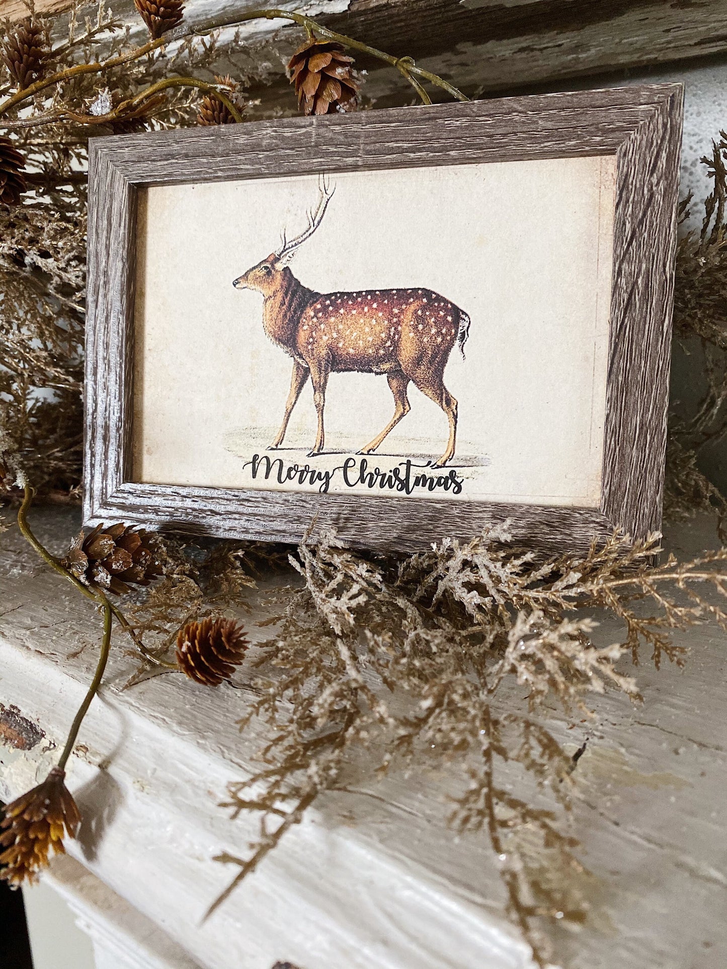 Vintage Christmas Sign DEER Frame Farmhouse Merry Christmas Decor Barn Wood Rustic Primitive Christmas Sign Elk Fawn