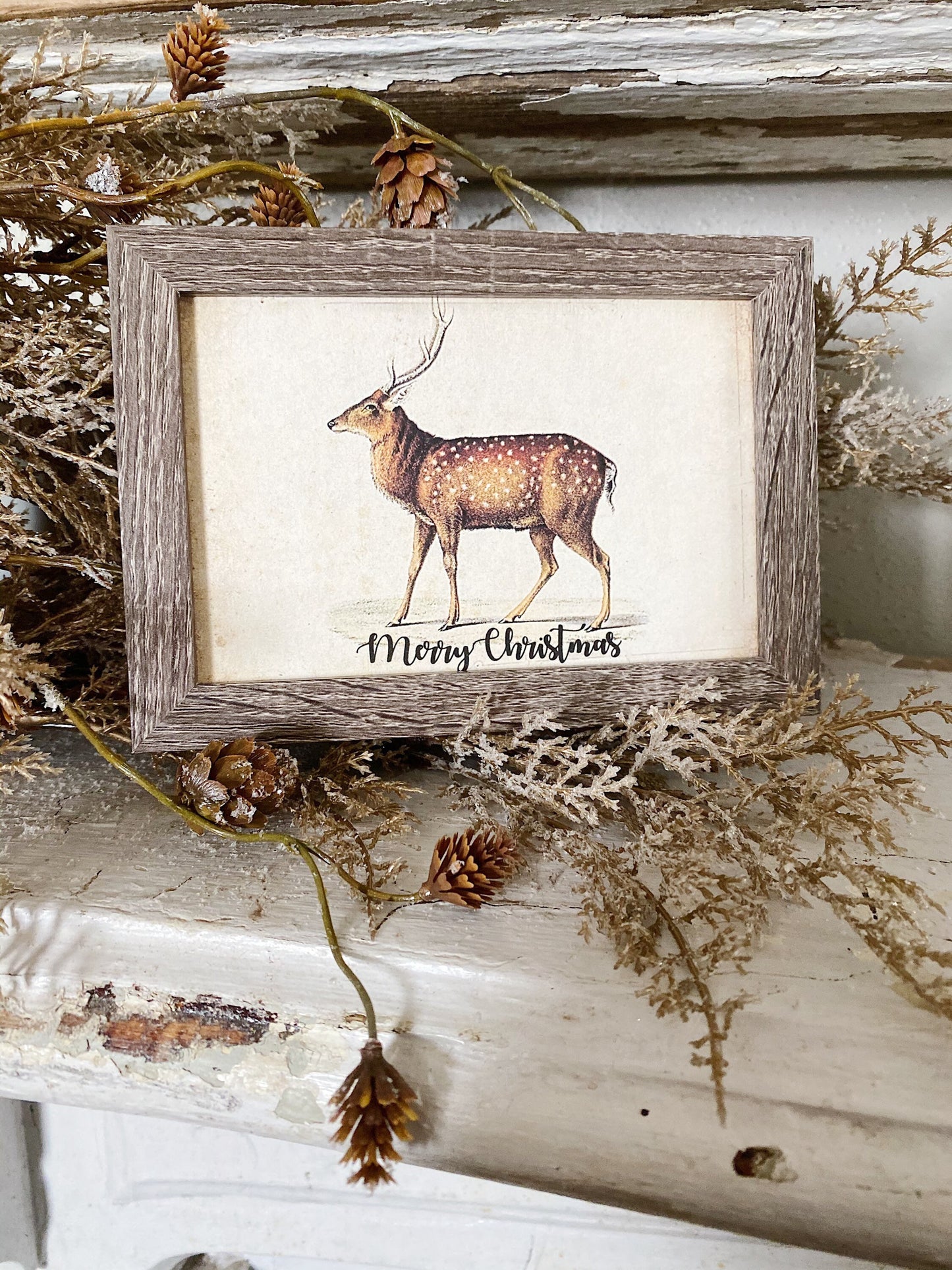 Vintage Christmas Sign DEER Frame Farmhouse Merry Christmas Decor Barn Wood Rustic Primitive Christmas Sign Elk Fawn