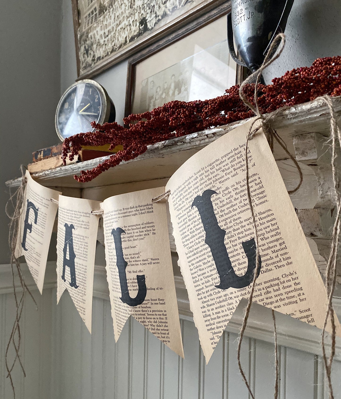 FALL Banner Vintage Book Page BANNER Bunting Pennant Sign Farmhouse Decor Garland Rustic School Book Page Art
