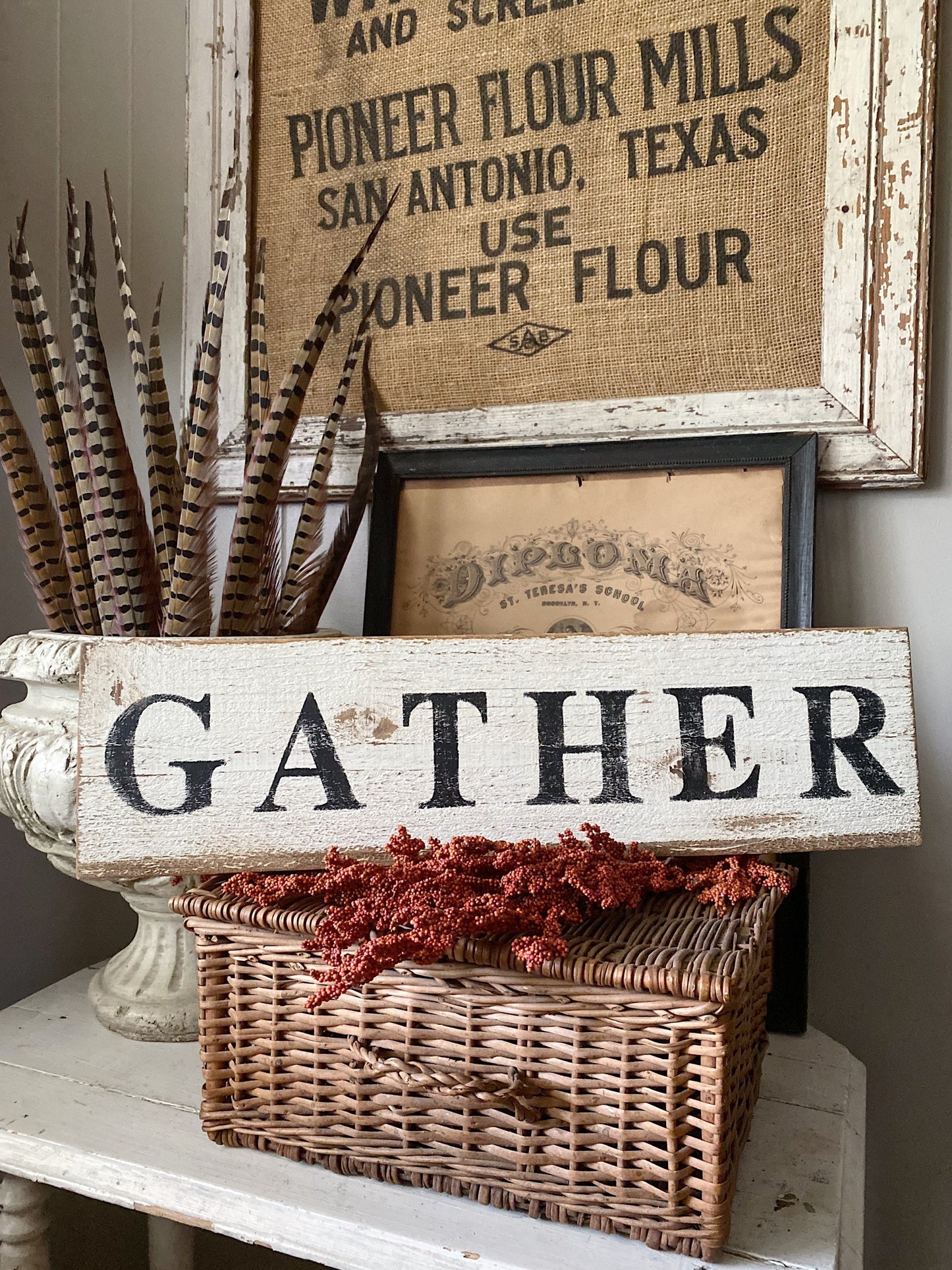 GATHER Sign Salvage Barn Wood Fall Farmhouse Decor Reclaimed White Chippy Paint Country Architectural Painted Rustic Wall Primitive Sign