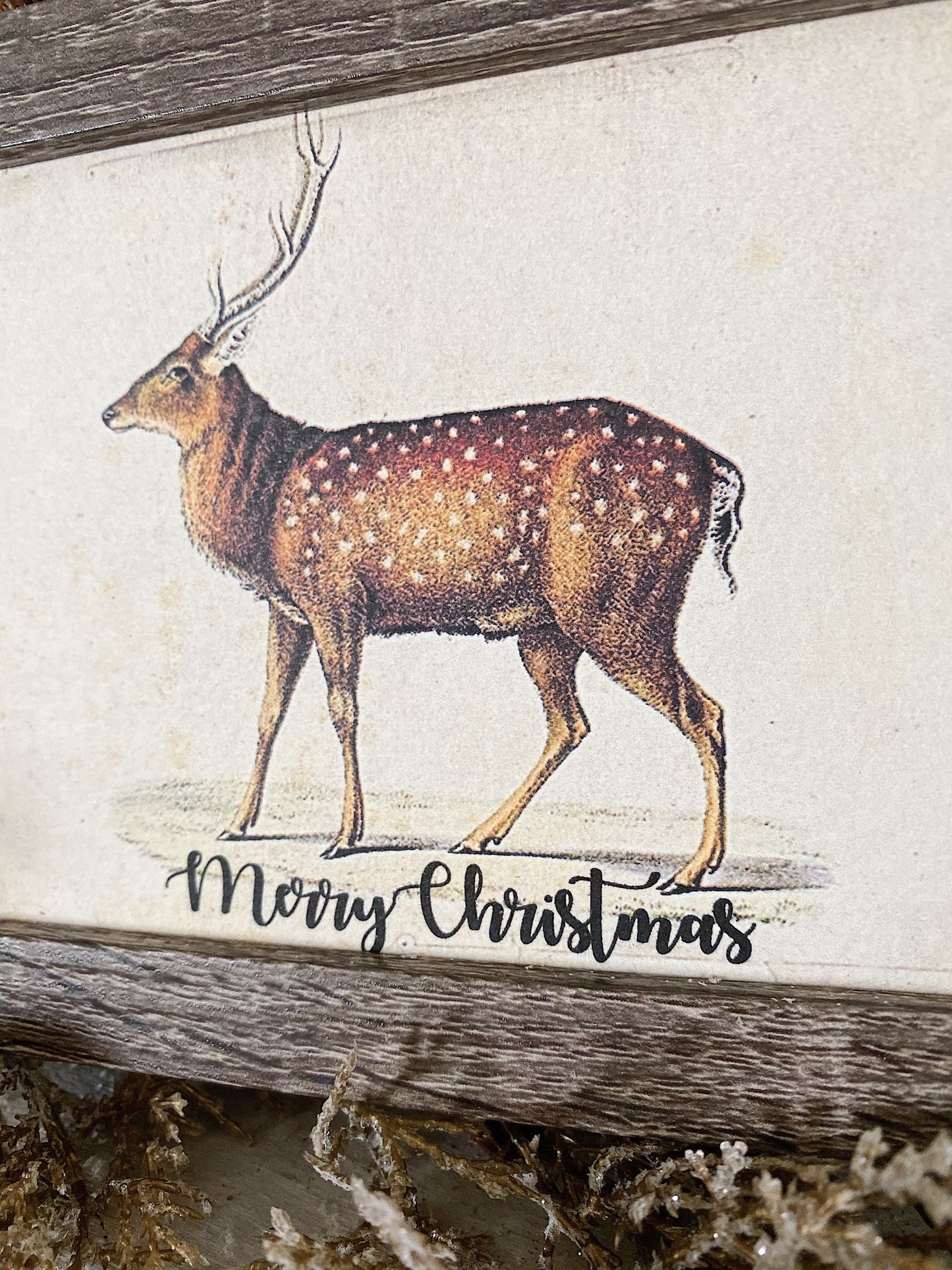Vintage Christmas Sign DEER Frame Farmhouse Merry Christmas Decor Barn Wood Rustic Primitive Christmas Sign Elk Fawn