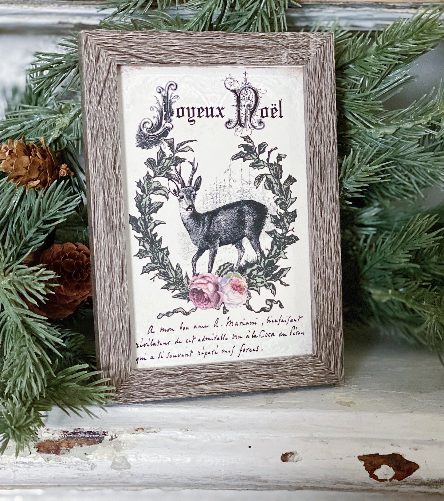 Vintage Christmas JOYEUX NOEL DEER Frame Farmhouse Christmas Decor Barn Wood Rustic Primitive Christmas Sign Laurel Wreath Pink Roses