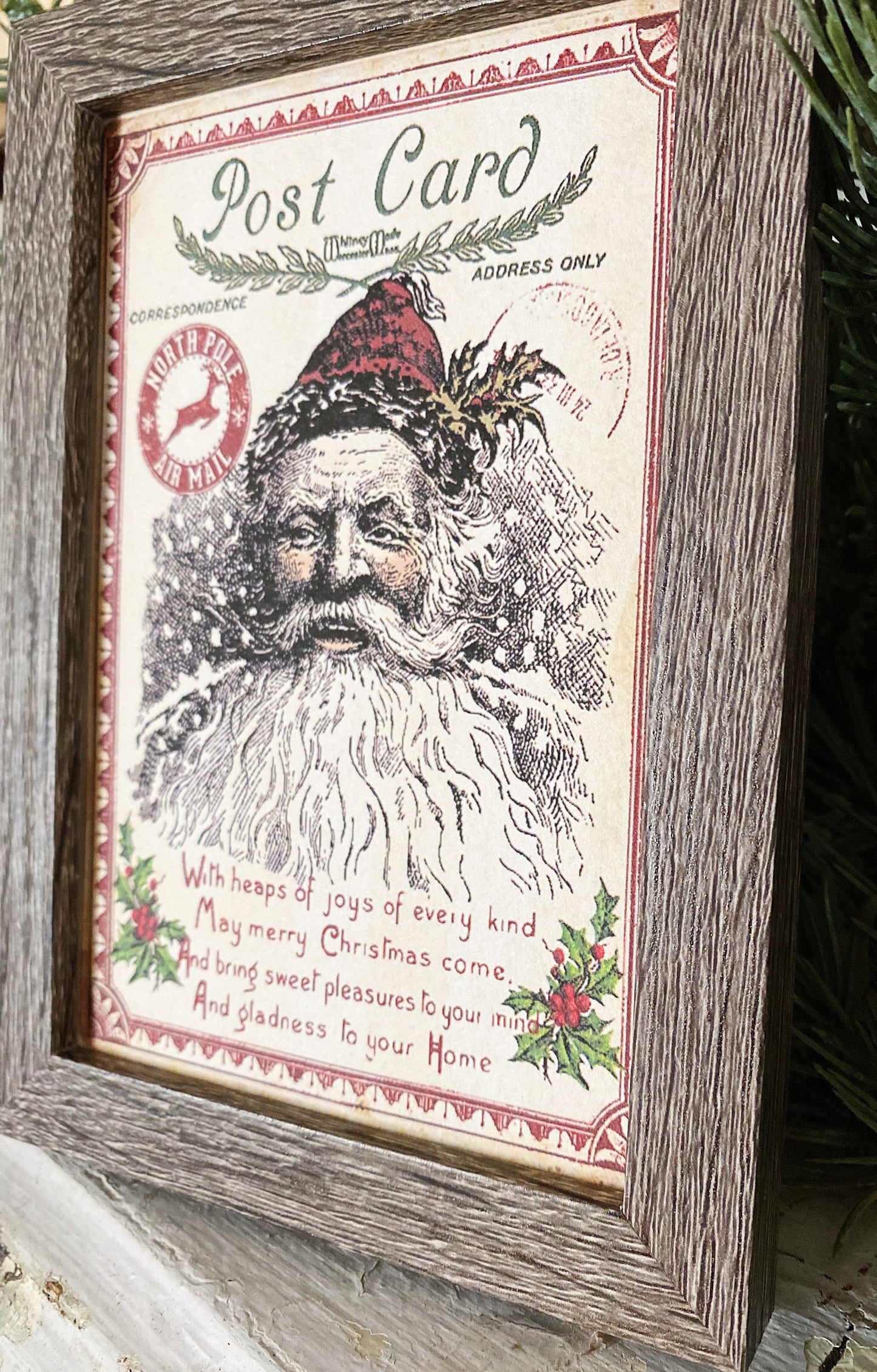 Vintage Christmas SANTA Post Card Frame Farmhouse Christmas Decor Barn Wood Rustic Primitive Christmas Sign