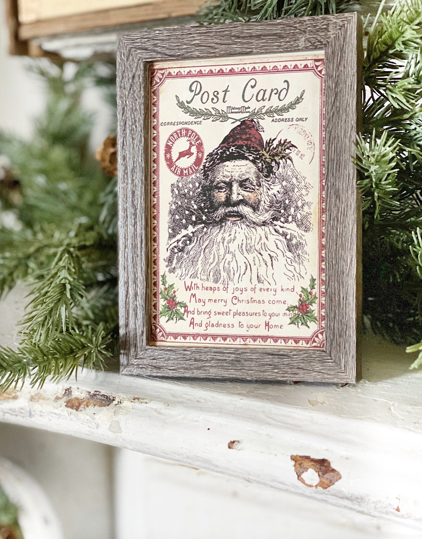 Vintage Christmas SANTA Post Card Frame Farmhouse Christmas Decor Barn Wood Rustic Primitive Christmas Sign