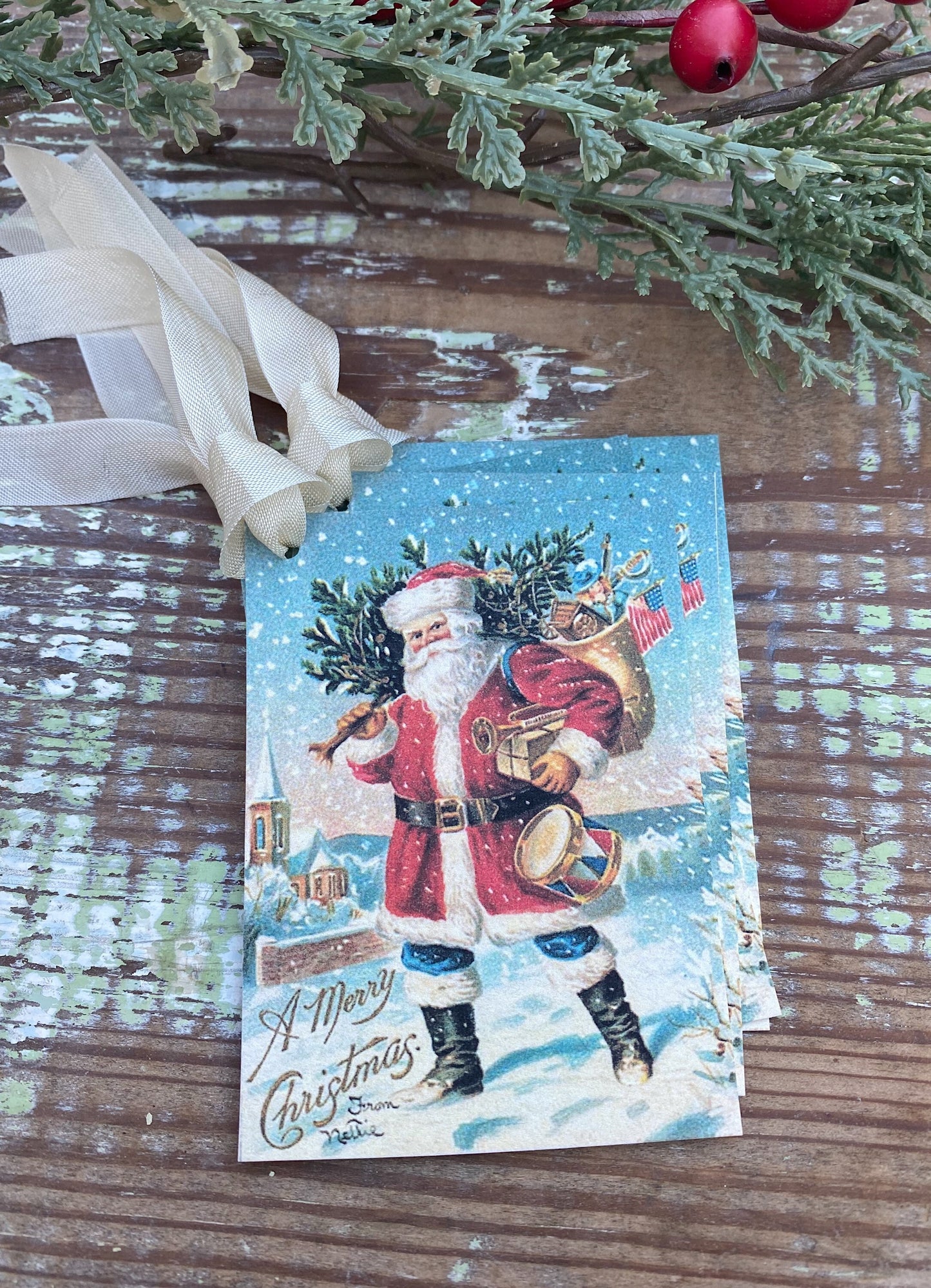 Christmas Vintage Gift Tags SANTA Farmhouse Christmas Decor Card French Shabby Gift Wrap