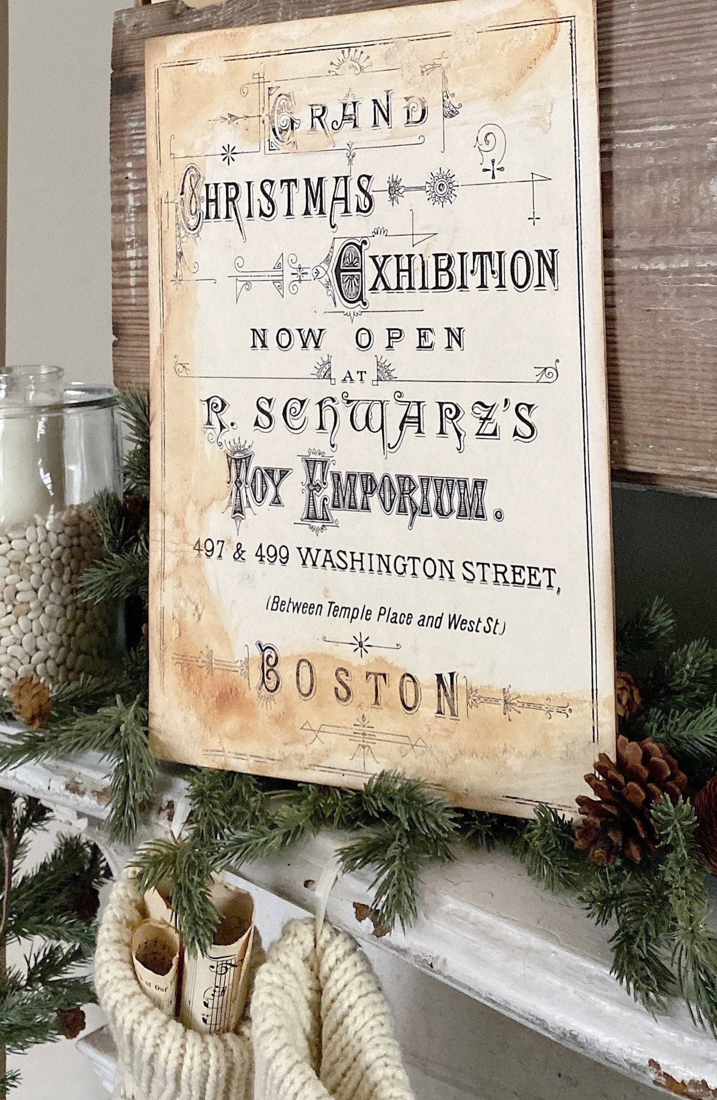 CHRISTMAS EXHIBITION Wood Sign Vintage Christmas Advertising Decor Toy Poster Mounted Farmhouse Christmas Decor Book Page Primitive Decor